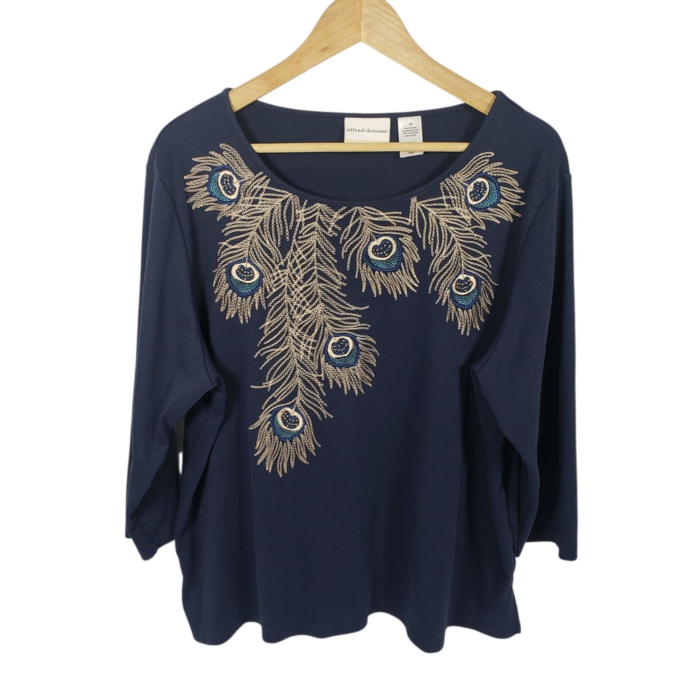 Alfred Dunner Woman 2X Navy Blue Peacock Feather Embellished 3/4 Sleeve Top‎
